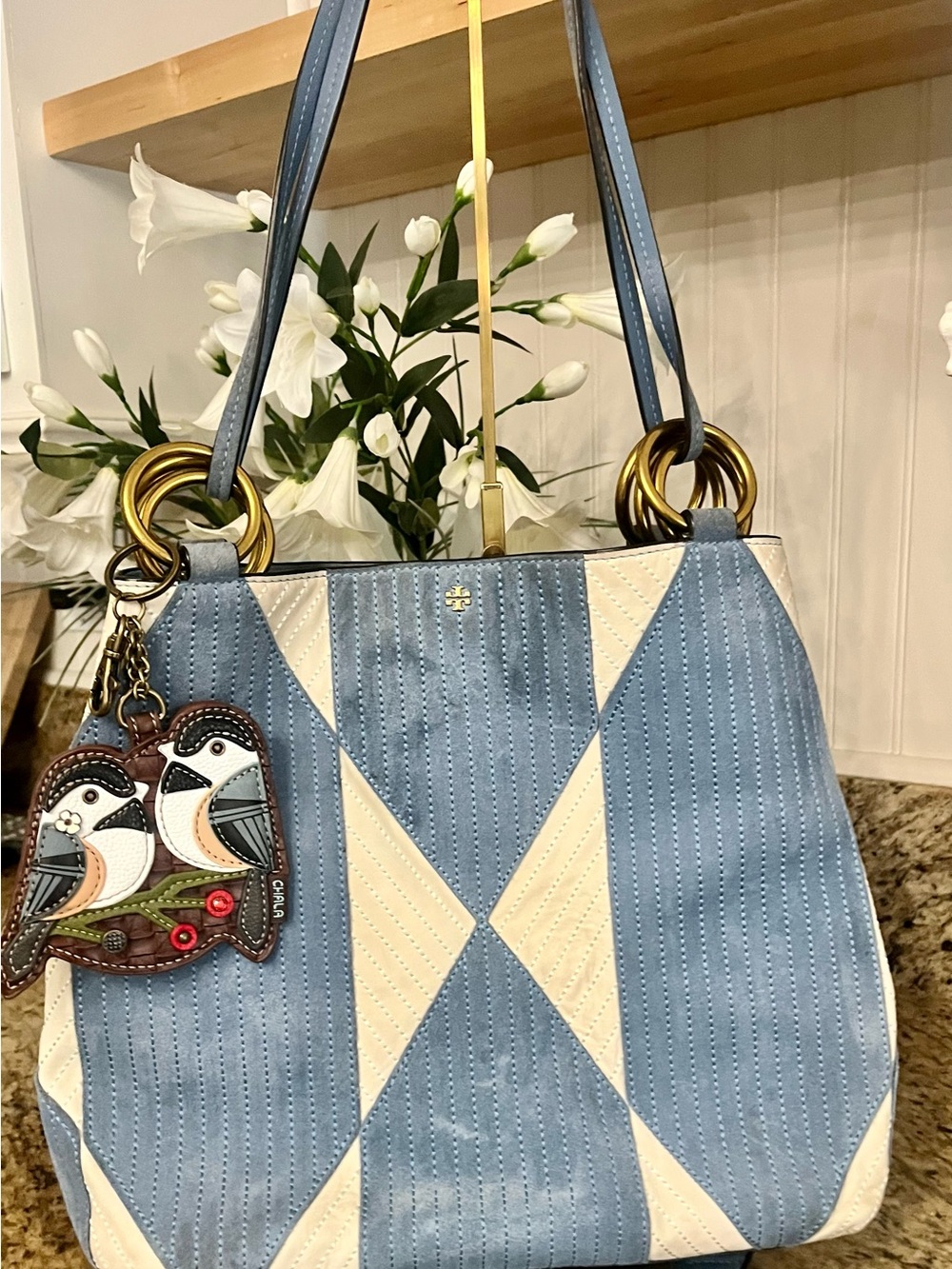 Tory Burch Patchwork suede blue and white Farrah tote